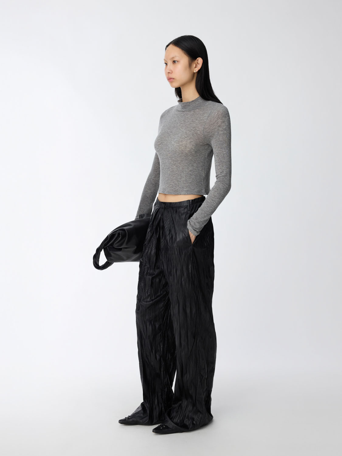 再入荷【STUDIO DOE】Washable Leather Textured Wide Pants Studio Doe - 可水洗皮革紋理寬褲(黑) (S) | Studio Doe